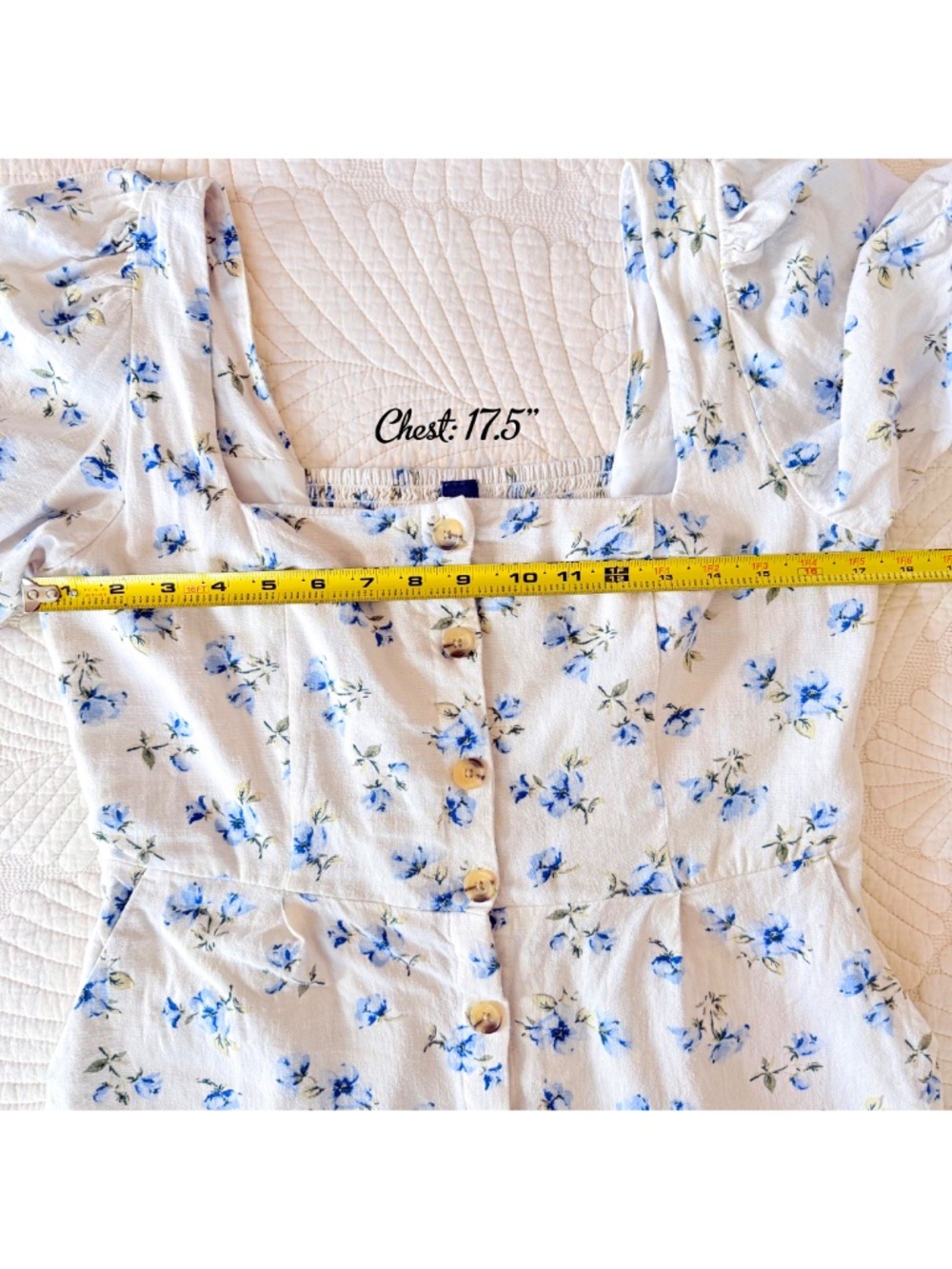 Linen Coquette Cottage Blue Floral Puff-Sleeve Mini Summer Dress Old Navy Sz M - Picture 15 of 17